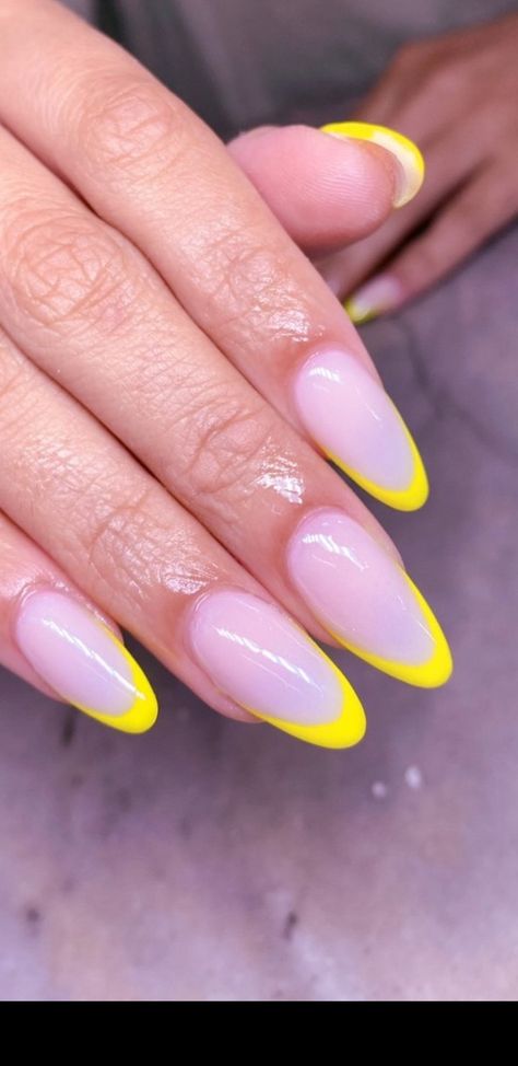 French tips, almond shape, neon color Almond Shaped Colored French Tip Nails, Almond Shape Holiday Nails, Fun Vacation Nails Almond Shape, Vacation Nails Almond Shape, Neon French Tip Nails, Colored French Nails, Colored Nail Tips, Foil Nail Art, White Nail Art