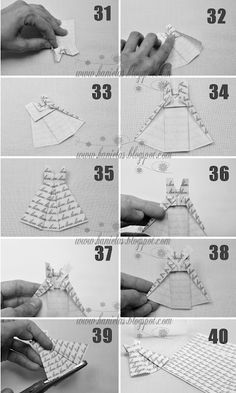 Origami Dress Tutorial Step By Step, Origami Dress Tutorial, Handkerchief Quilt, Handkerchief Ideas, Origami Folds, Picture Collages, Origami Flowers Tutorial, Dress Cards, Paper Shapes