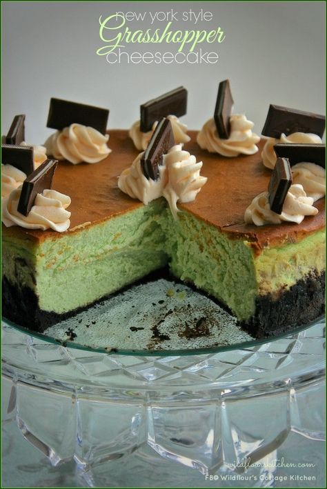 Grasshopper Cheesecake Recipe, Grasshopper Cheesecake, Green Cheesecake, Slice Of Cheesecake, Cream Filled Cookies, Cheesecake Bar, New York Style Cheesecake, Oreo Cookie Crust, The Queen Mother