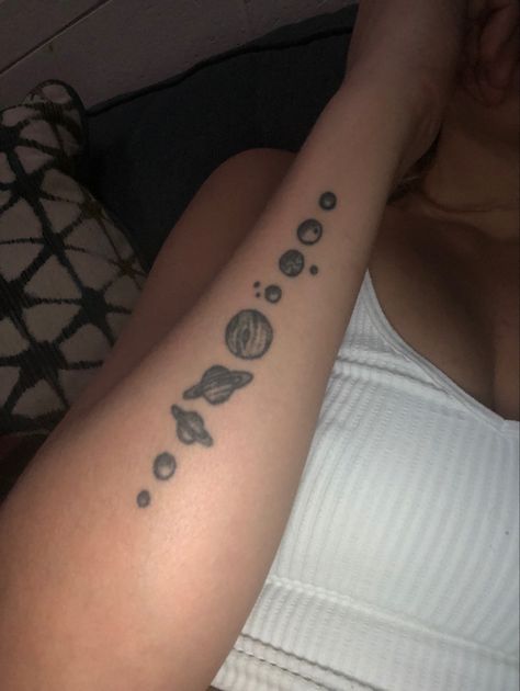 Simple, solar system tattoo on forearm Planet Tattoo, Solar System Tattoo, Tattoo On Forearm, Planet Tattoos, Forearm Tattoos, Tattoo On, Solar System, Tattoos And Piercings, Piercings