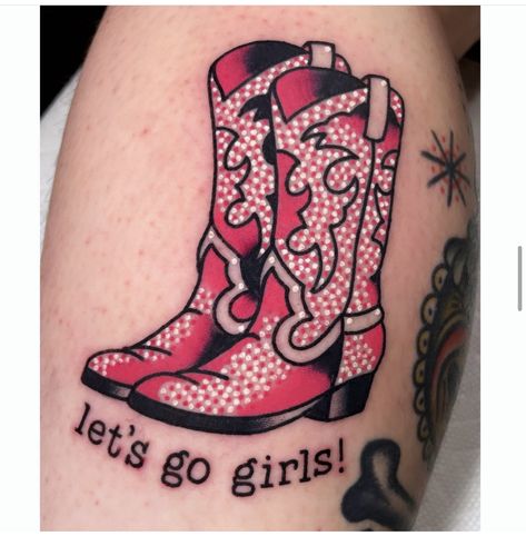 Neo Traditional Western Tattoo, Cowgirl American Traditional Tattoo, Pink Pony Club Tattoo, Cowgirl Boot Tattoo Small, Cowgirl Pinup Tattoo, Western Traditional Tattoo, Farmer Tattoo, Western Sleeve, Boot Tattoo