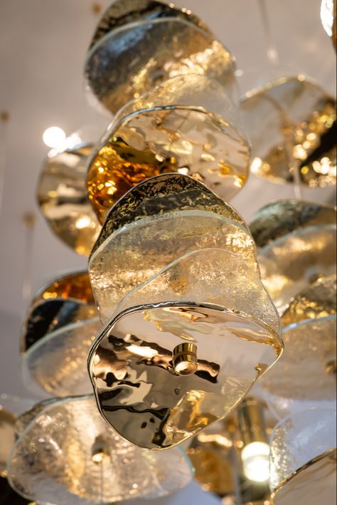 Glass petals of Floret Chandelier. Don’t miss it at Salone del Mobile 2022 Chandelier Showroom, George Rr Martin, Write A Book, Gold Lamp, Reception Design, Gold Interior, Decorative Lighting, Retail Interior, Wall Fixtures