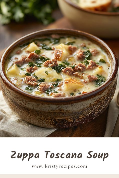 Hearty and creamy, this soup features the perfect blend of sausage, turkey bacon, potatoes, and kale. Simple to make and full of flavor, it’s a comforting meal that’s sure to warm you up. #soup #zuppa #soupseason #comfortfood #zuppasoup #foodie Turkey Zuppa Toscana Soup, Soup With Turkey Sausage, Soup With Pork Sausage, Potato Sausage Kale Soup, Zupa Toscana Soup, Zupa Toscana, Sausage Kale Soup, Potatoes And Kale, Zuppa Soup