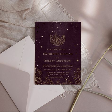 Celestial Burgundy Gold Moon And Stars Wedding Foil Invitation Gold Celestial Wedding, Celestial Floral, Celestial Wedding Invitations, Sky Wedding, Stars Wedding, Burgundy Background, Celestial Wedding, Floral Moon, Themed Wedding Invitations