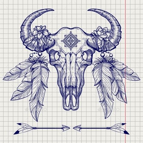 Buffalo Skull Drawing, Ball Pen Sketch, Indian Skull Tattoos, Bull Skull Tattoos, Bison Skull, Skull Sketch, Native American Tattoos, Native Tattoos, Indian Feathers