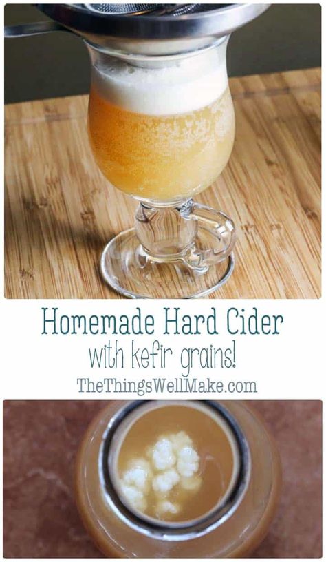 How to make hard cider with either milk or water kefir grains. This is a very low alcohol drink filled with probiotic goodness. #thethingswellmake #hardcider #kefir #kefirrecipes #probiotics #guthealth #drinks #healthydrinks Jun Kombucha, Making Hard Cider, Kefir Drink, Yummy Nummies, Milk Kefir Grains, Moonshine Recipe, Water Kefir Grains, Homemade Kombucha, Kefir Recipes