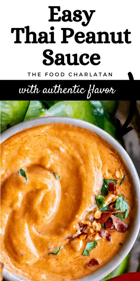 Easy Thai Peanut Sauce with Authentic Flavor from The Food Charlatan. This easy recipe for Thai Peanut Sauce has fabulous authentic flavor thanks to a jar of red curry paste! This is the BEST recipe I have ever tried. Peanut butter and coconut milk combined with lime juice, garlic, vinegar, and subtle Thai spices (from the curry paste) come together to make an amazing dipping sauce. Chicken Satay and Peanut Sauce can be made as an appetizer, or served as a main dish with Thai Cucumber Salad! Peanut Dipping Sauce Thai, Thai Red Curry Peanut Sauce, Coconut Milk Peanut Sauce, Peanut Sauce Thai Recipe, Chicken Satay Peanut Sauce, Satay Dipping Sauce, Peanut Dipping Sauce For Chicken, Peanut Coconut Sauce, Peanut Lime Sauce