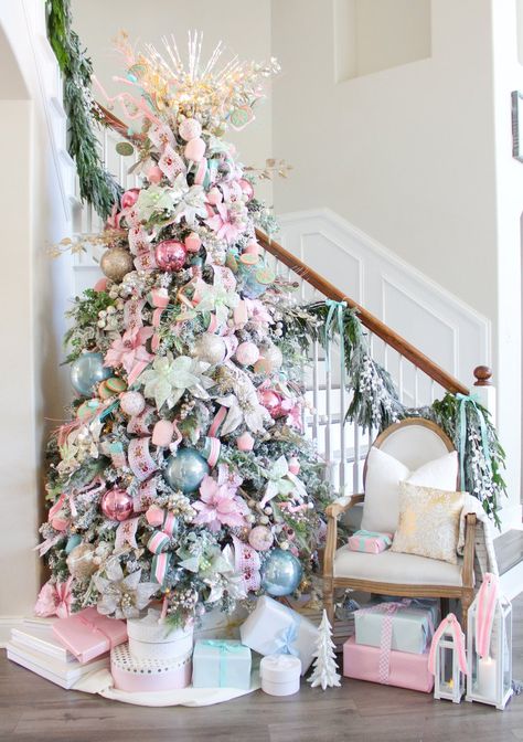 Pastel Christmas Decor, Tree Inspiration, Candyland Christmas, Blue Christmas Tree, Unique Christmas Trees, Christmas Tree Inspiration, Holiday Christmas Tree, Pink Christmas Tree, Christmas Tree Ideas