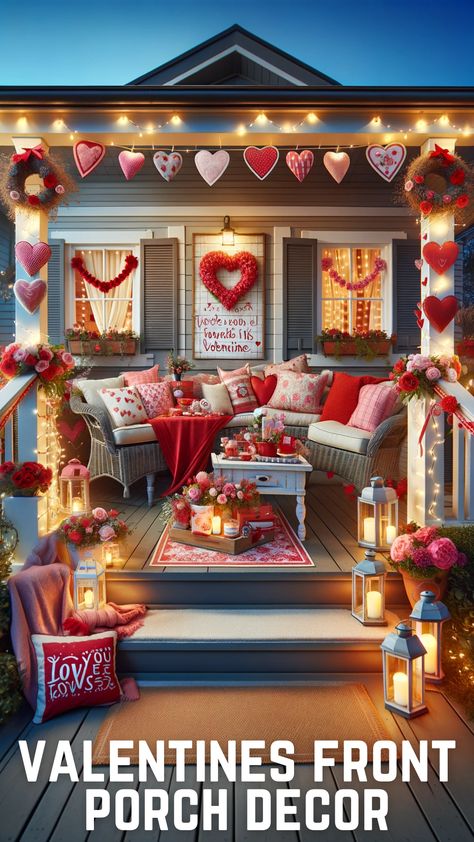 10 Irresistible Ideas for Valentine’s Day Front Porch Decor Valentine’s Day Front Porch Decor, Valentine Porch Decorating Ideas, Front Porch Decor Ideas, Porch Sitting, Valentines Decor, Triple Heart, Cupids Arrow, Front Porch Decor, Heart Garland