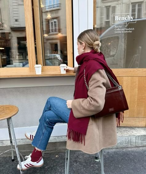 Winter Effortless Outfits, Adidas Samba Office Outfit, Sporty And Rich Samba Outfit, Adidas Samba Sporty And Rich Outfit, Red Adidas Samba Outfit, Burgundy Samba Outfit, Adidas Samba Red Outfit, Burgundy Winter Outfits, Adidas Samba Sporty And Rich