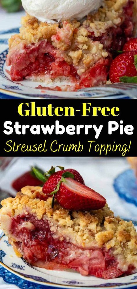 Bite into happiness with this juicy, fresh gluten-free strawberry pie recipe topped with a thick, buttery streusel crumb topping. The easy, homemade strawberry pie filling uses a simple ingredient for no-fail thickening so you can serve up perfectly-set, luscious slices! Gluten Free Strawberry Pie, Pie Filling Uses, Gluten Free Pie Recipes, Homemade Strawberry Pie Filling, Easy Crust Recipe, Mamagourmand Recipes, Homemade Strawberry Pie, Gluten Free Pies Recipes, Berry Pie Recipe