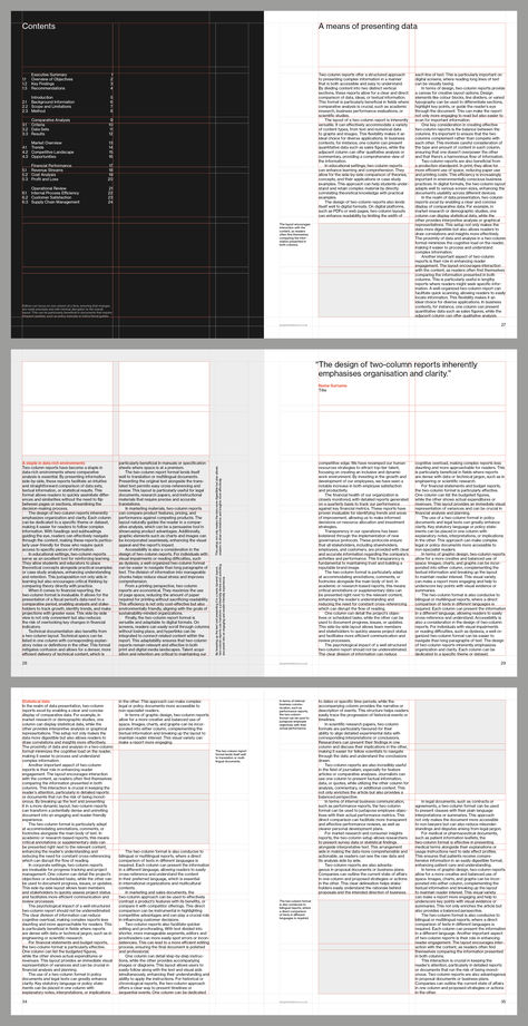 Two column business report grid system and template fore Adobe InDesign Indesign Report Layout, Three Column Layout Design, Research Document Layout, Report Editorial Design, Design Document Layout, Document Design Layout, Grid Layout Design, Magazine Grid, Business Report Design