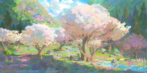 ArtStation - Momotaro | Cherry Blossom, Slawek Fedorczuk Slawek Fedorczuk, Oc Story, Cherry Blossoms Illustration, Art Folder, Spring Wallpaper, Wide Screen, Painting Inspo, Amazing Drawings, Fantasy Art Landscapes