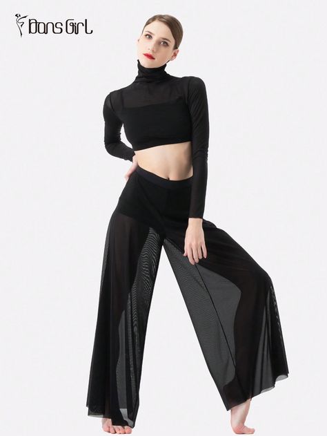 1set Women's Tight Fitted Turtleneck Crop Top And Ultra Soft Elastic Mesh Wide Leg Pants Outfit Black       Medium Stretch  Women Activewear, size features are:Bust: ,Length: ,Sleeve Length: Black Dance Outfit, Turtleneck Crop Top, Áo Crop Top, Contemporary Dance Costumes, Wide Leg Pants Outfit, Contemporary Costumes, Dance Wear Ballet, Leg Pants Outfit, Turtle Neck Crop Top