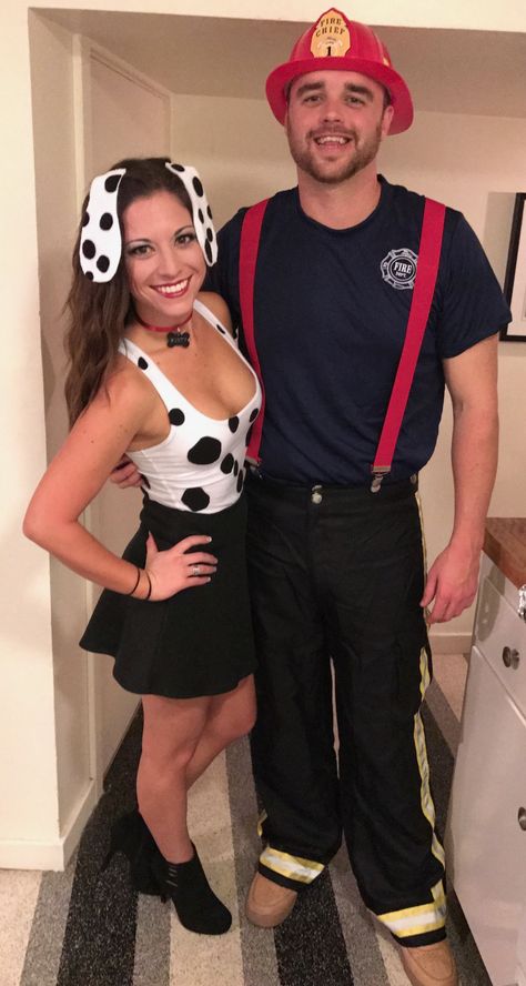 Halloween outfit ideas. The Dalmatian to his Station Fireman Dalmation Costume Couple, Dalmatian Halloween Costume Women, Womens Dalmation Costume, Dalmation Halloween Costume Women, Fireman And Dalmatian Costume Couple, Diy Dalmation Costume Women, Dalmatian Costume Diy, Dalmatian And Firefighter Costume, Fire Fighter And Dalmation Costume