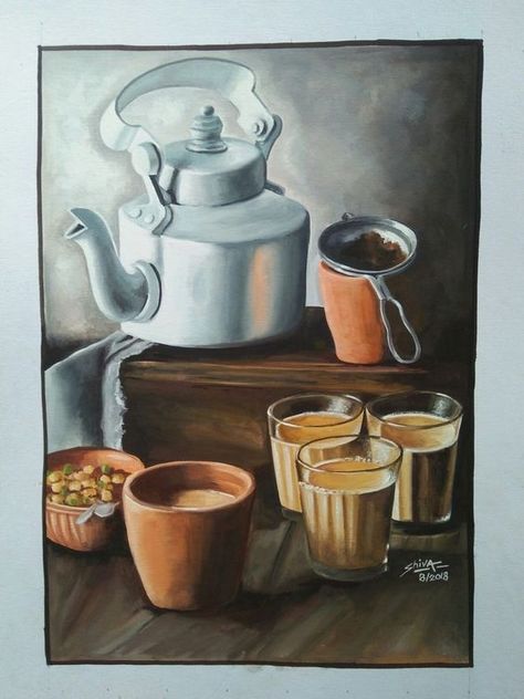 Food Art Painting, Indian Art Gallery, Food Illustration Art, Beautiful Art Paintings, Food Painting, Oil Pastel Drawings, Still Life Drawing, Modern Art Paintings, Indian Art Paintings