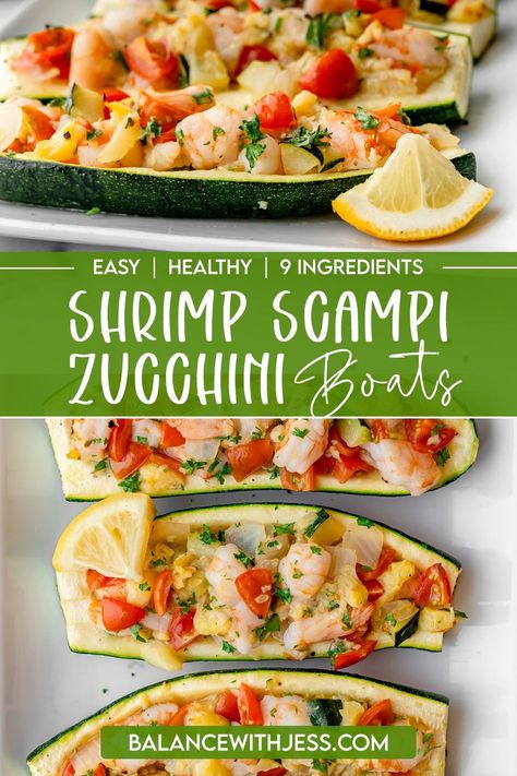 These gluten-free, low-carb Shrimp Scampi Zucchini Boats are stuffed with plump shrimp, lots of garlic, and juicy tomatoes. A healthy, lightened-up version of an Italian classic that the whole family will love! Easy modifications also make it dairy-free and/or paleo! Shrimp Zucchini, Shrimp Stuffed, Stuffed Zucchini Boats, Shrimp Recipes Healthy, Stuffed Zucchini, Healthy Shrimp, Zucchini Boats, Italian Recipe, Summer Meal