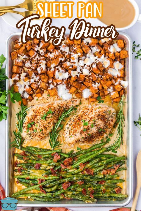 Sheet Pan Turkey Dinner is a whole meal made with seasoned turkey tenderloins, a homemade velvety gravy with a side of candied sweet potatoes, and some cheesy garlic green beans! Perfect for a smaller Thanksgiving or because you are craving those Thanksgiving flavors! Ham Steaks Sheet Pan Dinner, Sheet Pan Thanksgiving Dinner, Sheet Pan Turkey, Dinner Bakes, Turkey Tenderloins, Seasoned Turkey, Holiday Meal Planning, Thanksgiving Meals, Turkey Tenderloin