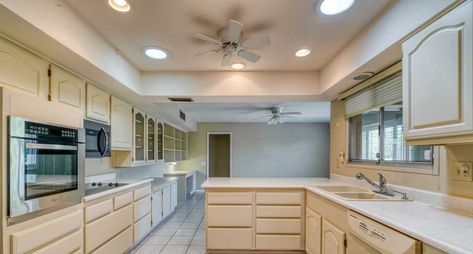 Kitchen Soffit Disguise, Large Kitchen Soffit Overhang, Soffett In Kitchen, Kitchen Soffit Removal Before And After, Hiding Kitchen Soffit, Kitchen Soffit Removal, Adding Trim To Kitchen Soffit, Removing Soffit Above Cabinets, Kitchen Lighting Recessed