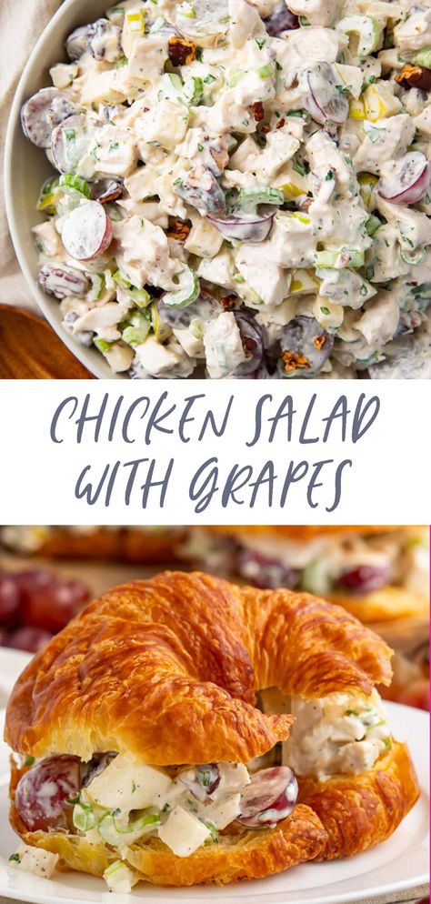 This is the ultimate chicken salad with grapes! Positively packed with flavor, thanks to red grapes, celery, green apple, green onion, and toasted pecans, this is the last chicken salad recipe you'll ever need. Quick and easy to make, it's perfect for entertaining, like for potlucks, brunches, or showers. Betty Salad Recipes, Homemade Chicken Salad With Grapes, Chicken Fruit Salad, Special Sandwiches, Chicken Salad Recipe With Grapes, Apple Chicken Salad, Homemade Chicken Salad, Office Potluck, Best Chicken Salad Recipe