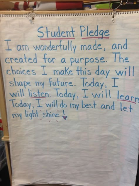 Classroom Pledge Elementary, Student Pledge Elementary, Classroom Goals For Students, Student Pledge, Student Teacher Notes To Students, Student Goal Setting Elementary, Student Self Assessment Middle School, Create A Morning Routine, A Morning Routine