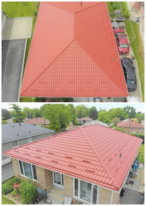 Metal tile roof project in Scarborough.  #metalroof #metalroofing #metalroofs #steelroof #steelroofing #metaltile #metaltiles #snowguard #snowguards #standingseam Roof Tiles Ideas, Tile Roof House, Roof Tiles Design, Metal Roof Cost, Tin Roofing, Hip Roof Design, Roof Renovation, Metal Roofing Systems, House Awnings