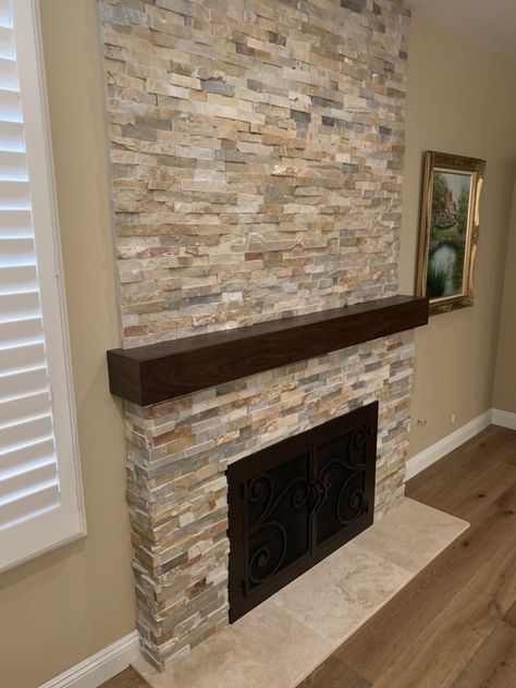 Gas Fireplace Makeover, Modern Fireplace Decor, Veneer Fireplace, Stone Veneer Fireplace, Brick Fireplace Makeover, Linear Fireplace, Double Sided Fireplace, Fireplace Ideas, Home Fireplace