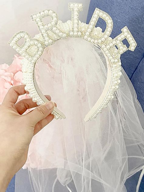 2pcs Women Faux Pearl & Rhinestone Decor Fashionable Headband For Party | SHEIN USA Tiara Veil, Headband With Veil, Rehearsal Dinner Decorations, Bride Head, Pearl Crown, Bridal Party Attire, Pearl Bridal Headband, Bride Crown, Bride Veil