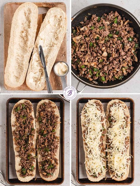 With ground beef, onions, peppers, and mushrooms, this Philly Cheesesteak Cheesy Bread has all the flavors of a classic Philly cheesesteak transformed into a quick, easy, irresistible and affordable appetizer, lunch, or even dinner! Ground Philly Cheese Steak, Philly Cheesesteak French Bread, Philly Cheese Steak Cheesy Bread, Stuffed Baguette, Peppers And Mushrooms, Philly Cheese Steak Sandwich, Best Beef Recipes, Cheese Steak, Philly Cheese