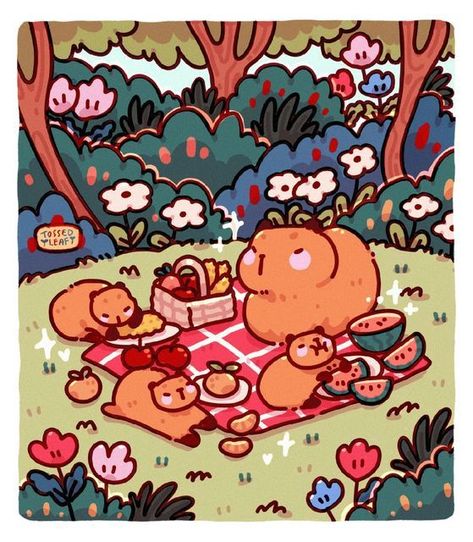 Cute Picnic Illustration, Picnic Art Ideas, Cute Picnic Drawing, Christmas Cute Drawing, Cottagecore Doodles, Cozy Posters, Picnic Cartoon, Picnic Drawing, Picnic Illustration