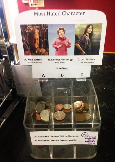 Insanely great way to collect donations/tips. I'd have to put money in all three slots. Donation Jars, Steve Carlsberg, Bookshop Ideas, Dolores Umbridge, Jesus Wept, Most Hated, Football Cheer, Library Displays, Library Decor