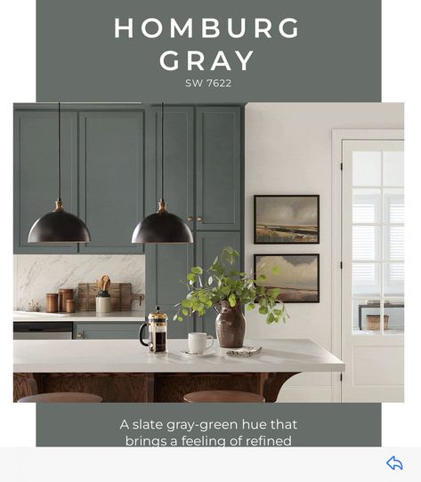 Moody Den, Kitchen Island Colors, Homburg Gray, Kitchen Remake, Grey Exterior House Colors, Paint Decor, Color Of The Month, Dark Grey Kitchen, Kitchen Green