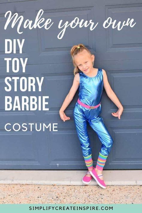 Be the coolest kid at the party with this DIY Barbie Toy Story costume. Easy tutorial to make your own leg warmers from socks and where to get the items to put together this simple, cheap DIY costume for kids (or adults) #costumeideas #toystory #barbie Barbie Toy Story Costume, Toy Story Barbie Costume, Toy Story Barbie, Toy Story Costume, Sibling Costume, Toy Story Costumes, Book Character Costumes, Easy Diy Costumes, Diy Costumes Kids