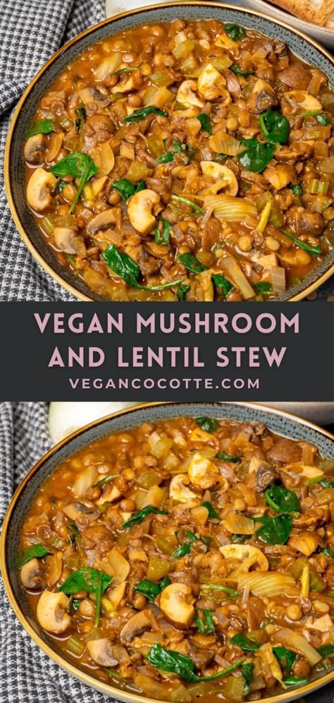 Vegan Mushroom and Lentil Stew Lentil Mushroom Stew Crockpot, Lentils And Mushroom Recipe, Vegan Mushroom Stew Recipes, Lentil And Mushroom Stew, Lentil Mushroom Stew, Lentil Mushroom Loaf, Lentil Mushroom Recipes, Lentil And Bean Recipes, Mushroom Lentil Recipes