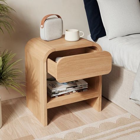 Scandi Bedside Table, Minimal Bedside Table, Curved Bedside Table, Minimalist Nightstand, Bedroom 2024, Cozy Bedroom Design, Drawer Bedside Table, Wooden Bedside Table, Wood Bedside Table