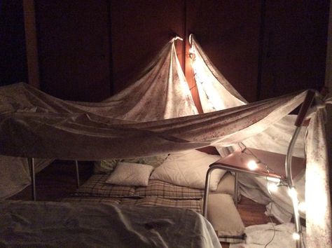 Tent made out by bedsheets Tent Made From Sheets, Sheet Tent, Prisoner Of Azkaban, Riveting, Bed Sheet, Hammock, Bed Sheets, Tent, Sweet Home