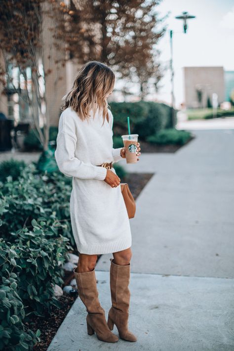 How to Style a Sweater Dress for Fall - Cella Jane White Sweater Dress Outfit, No Sleeve Sweater, Style A Sweater Dress, Dress In Fall, Sweater Dress Winter, Cella Jane, Fall Sweater Dress, White Sweater Dress, Cream Colored Sweater