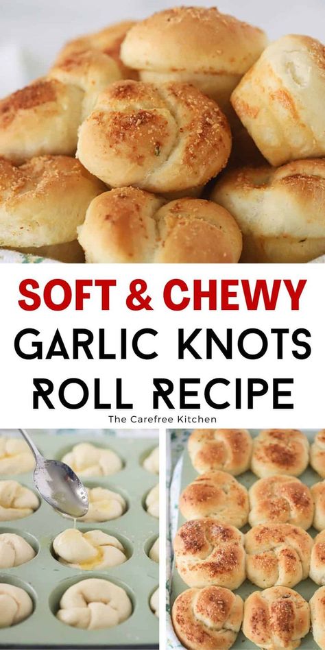 These soft and fluffy Garlic Knots are a delicious alternative to garlic bread and so easy to make from scratch. They’re perfect for holiday meals, weeknight dinners, or even as a snack served with marinara for dipping. #thecarefreekitchen #garlic #rolls #yeast #dough #bread #side #garlicknots #dinner #holidays Garlic Bread Knots Homemade, Easy Garlic Knots, Homemade Garlic Knots, Springtime Recipes, Garlic Knots Recipe, Garlic Rolls, French Toast Muffins, Breakfast Egg Casserole, Homemade White Bread