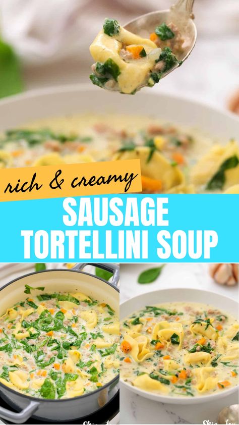 Treat yourself to a comforting bowl of creamy sausage tortellini soup - a delicious 30-minute meal that your loved ones will love! This simple yet flavorful dish is ideal for a cozy and tasty dinner experience. Delight in the heartwarming goodness of each spoonful with this mouthwatering recipe bound to win everyone's hearts at home! Creamy Sausage Tortellini Soup, Creamy Sausage Tortellini, Italian Sausage Tortellini Soup, Creamy Broccoli Cheddar Soup, Creamy Tortellini Soup, Sausage Tortellini Soup, Dinner Experience, Garlic Rolls, Sausage Tortellini