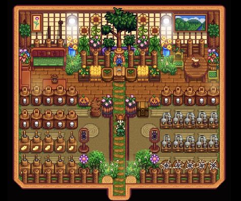 Stardew Valley Shed Layout Aesthetic, Shed Designs Stardew Valley, Shed Stardew Valley Ideas, Stardew Valley Keg Shed Layout, Stardew Valley Blacksmith Shed, Stardew Valley Grange Display, Stardew Shed Ideas, Stardew Coop Design, Stardew Chest Room