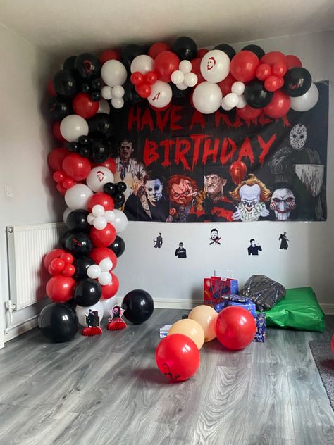 Horror Centerpieces, Horror Themes Birthday Party, Jason Voorhees Birthday Party Ideas, Horror Movie Party Centerpieces, Horror Themed Party Games, Jason Themed Birthday Party, Birthday Party Horror Theme, Horror Theme Birthday Cake, Friday The 13th Birthday Party