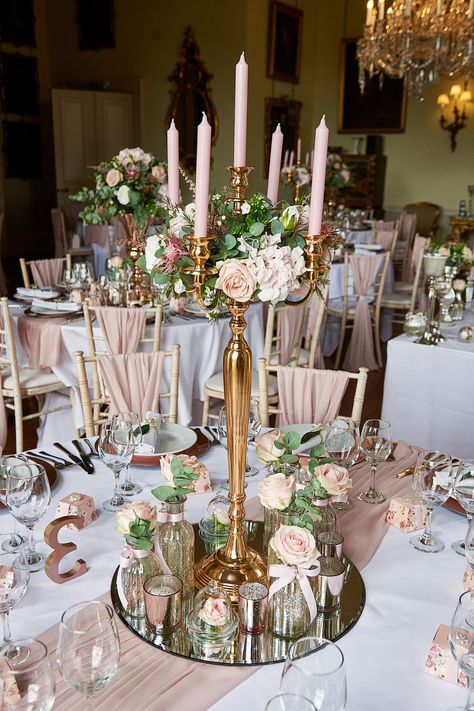 Candelabra With Flowers Centerpiece, Flowers On Candelabras Wedding, Country House Wedding Decor, Candelabra Wedding Decor, Vintage Candelabra Centerpiece, Candleopera Centerpieces Wedding, Flower Candelabra Centerpiece, Candelabras With Flowers, Candelabra Wedding Centerpieces Flowers