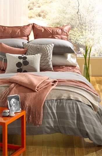 This comforter isn't bad either Origami Collection, Coral Pillow, Coral Bedding, Pretty Bedding, Orange Table, Bedroom Bliss, Nice Colors, Gray Bedroom, Pretty Colors