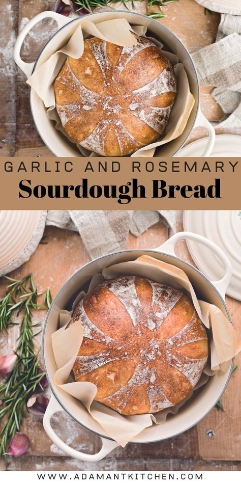 Sourdough Bread with Roasted Garlic and Rosemary Whey Sourdough Bread, Homemade Sourdough Bread Recipes, Artisan Sourdough Bread Recipe, Beginners Bread Recipe, Easy Sourdough Bread Recipe, Bread Scoring, Dutch Oven Bread, Homemade Sourdough Bread, Artisan Bread Recipes