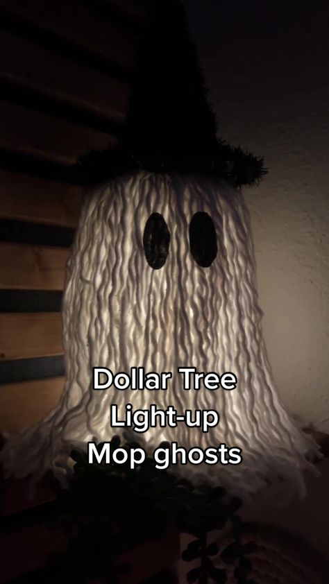 Dollar Tree Light Up Mop Ghosts, Lighted Mop Gnomes, Halloween Mop Heads, Mop Light Up Ghost, Senior Halloween Crafts, Dollar Tree Light Up Gnome, Dollar Tree Light Up Ghost, Dollar Tree Gnomes With Mop, Ghost Made With Mop Head