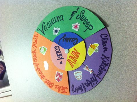 Chore Wheel for me and my roommates. Inside circle turns so chores change each week Chore Wheel For Roommates, Roommate Hacks, Chore Wheel, Kids Chores, Chore Board, First Apartment Essentials, Housing Ideas, Chart Ideas, Chore Charts