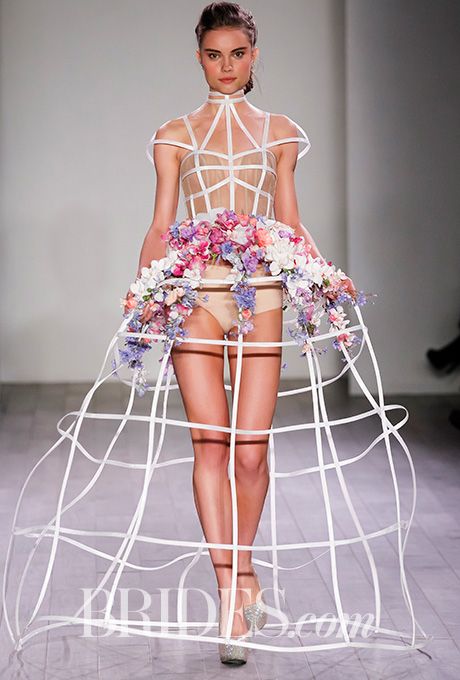 Brides: Hayley Paige - Spring 2016. "Xanadu" lattice hoop skirt ball gown with structural framework and hand-crafted silk flowers, Hayley Paige Hoop Skirt Fashion, 3d Skirt, Structure Fashion, Fashion Structure, Hayley Paige Wedding Dress, Structural Fashion, Bridal Runway, Skirt Wedding Dress, Flowers Fashion