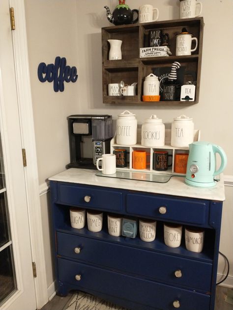 Navy blue coffee bar with faux marble painted top. Hardware is marble white with gold bands. Accented with Rae Dunn and Ninja coffee bar Old Dresser Into Coffee Bar, Desk Turned Into Coffee Bar, Dresser Turned Coffee Bar, Dresser Into Coffee Bar, Coffee Bar Dresser, Blue Coffee Bar, Dresser Coffee Bar, Dresser Flip, Dresser Flips