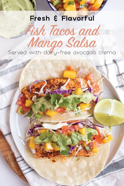 Mango Salsa Recipe Fish Shrimp Tacos, Dairy Free Shrimp Tacos, Mango Salsa For Fish Tacos, Mango Fish Tacos, Sauce For Fish Tacos Easy, Fish Recipes Dairy Free, Fish Taco Sauce Recipe, Sauce For Fish Tacos, Mango Salsa For Fish