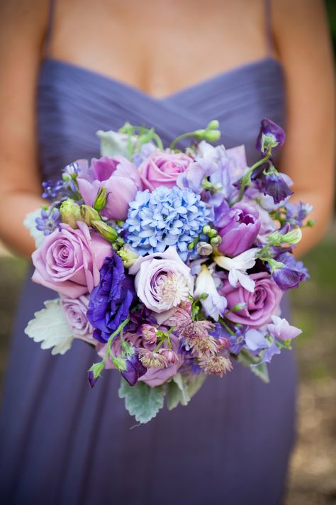 Purple Hued Bridesmaids Bouquet Purple Bridesmaid Bouquets, Blue Hydrangea Wedding, Purple Bridal Bouquet, Diy Bridal Bouquet, Colorful Wedding Flowers, Purple Wedding Bouquets, Summer Wedding Bouquets, Blue Wedding Bouquet, Elegant Wedding Inspiration